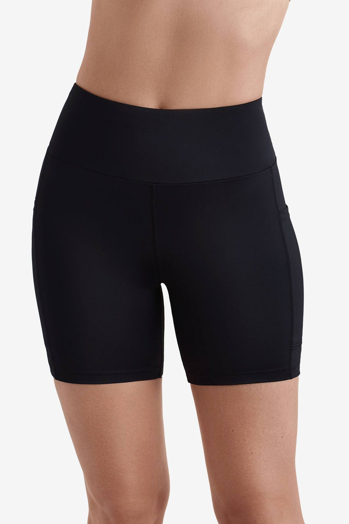 Front view of black yoga swim pants