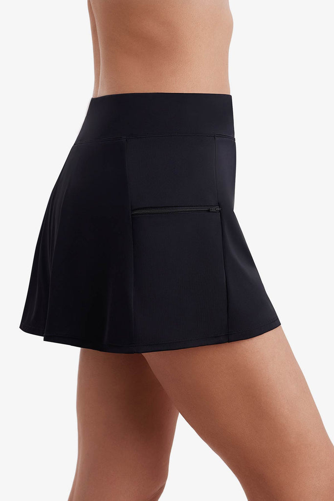 Side view of solid black swim skirt bottom