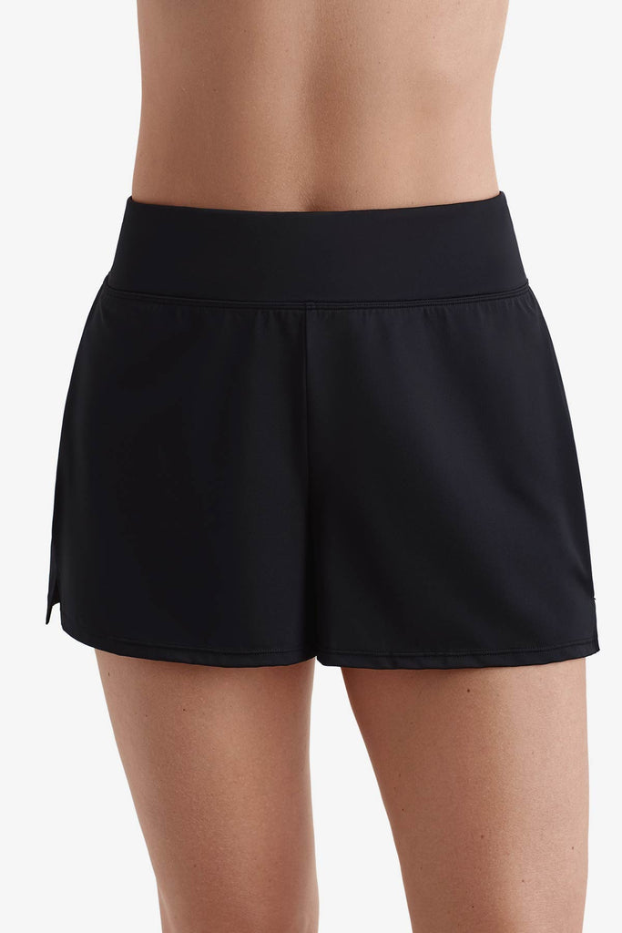 Front view of black swim shorts