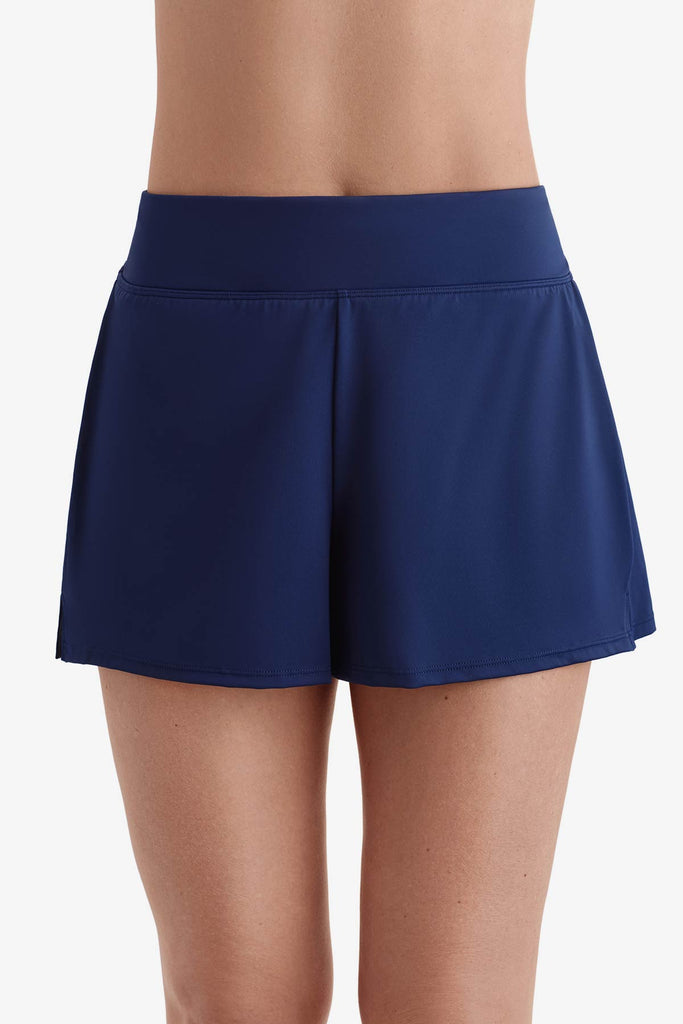 Front view of navy blue swim shorts