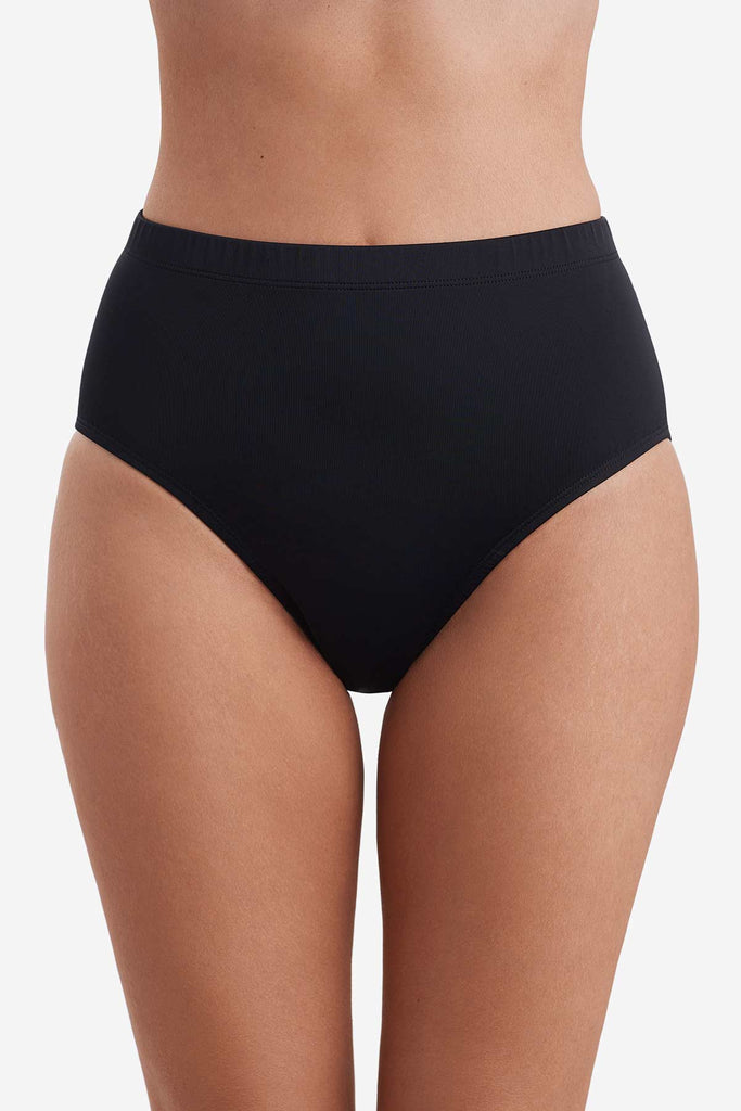 Front view of a black basic brief swim bottom