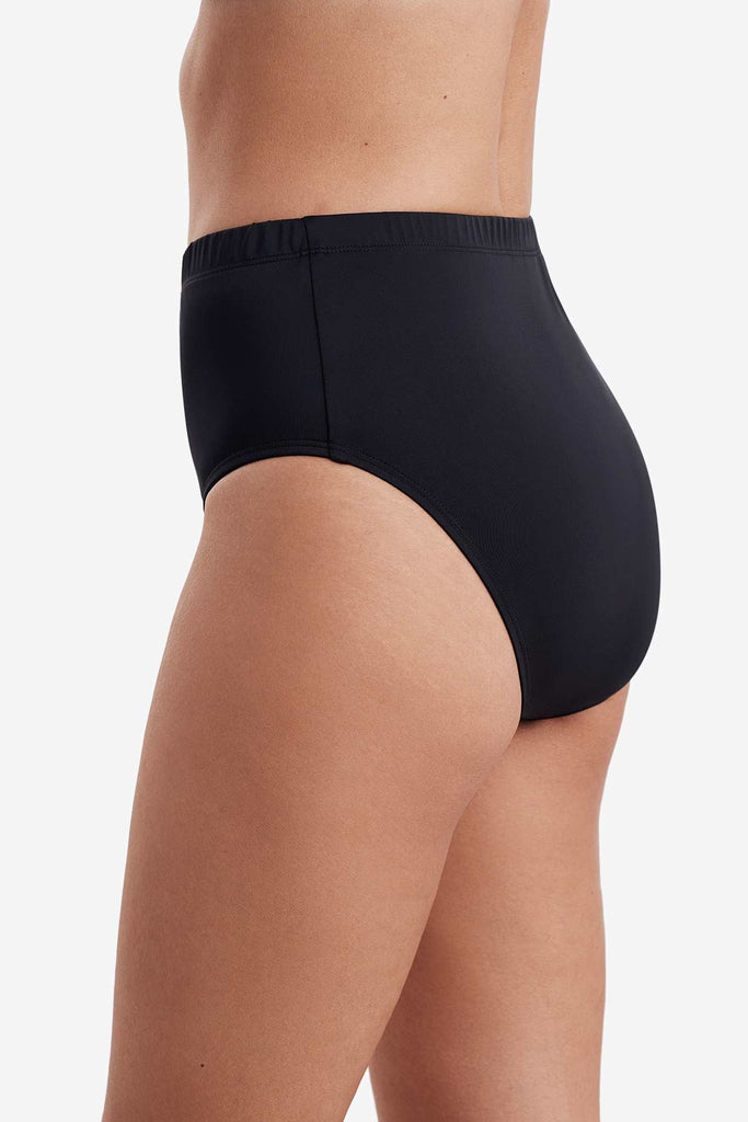 Side view of a black basic brief swim bottom