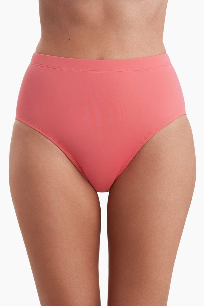 Front view of a coral pink basic brief swim bottom