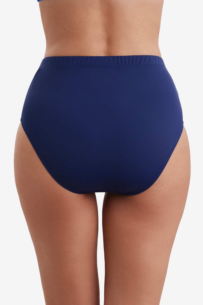 Back view of a navy blue basic brief swim bottom