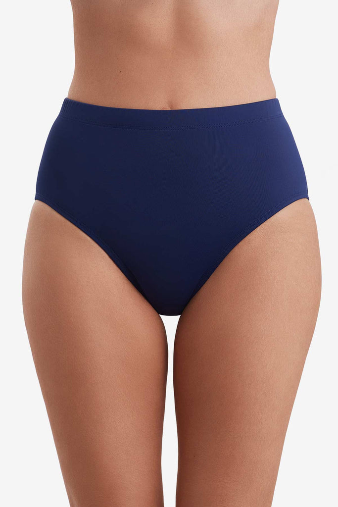 Front view of a navy blue basic brief swim bottom