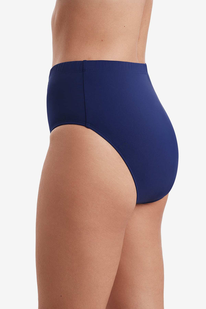 Side view of a navy blue basic brief swim bottom