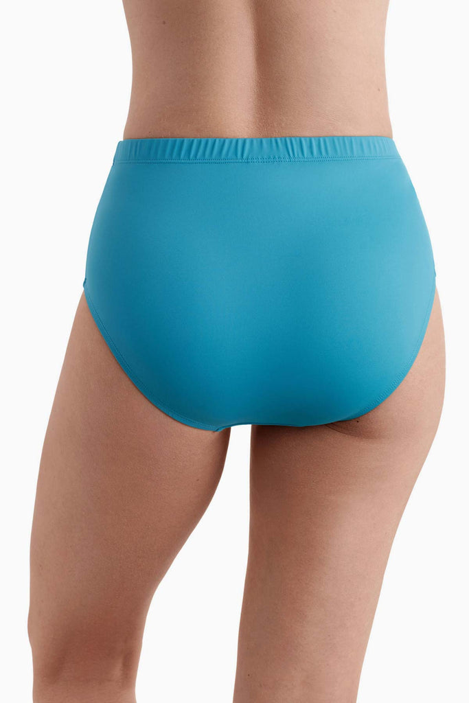 Back view of a turqoise blue basic brief swim bottom