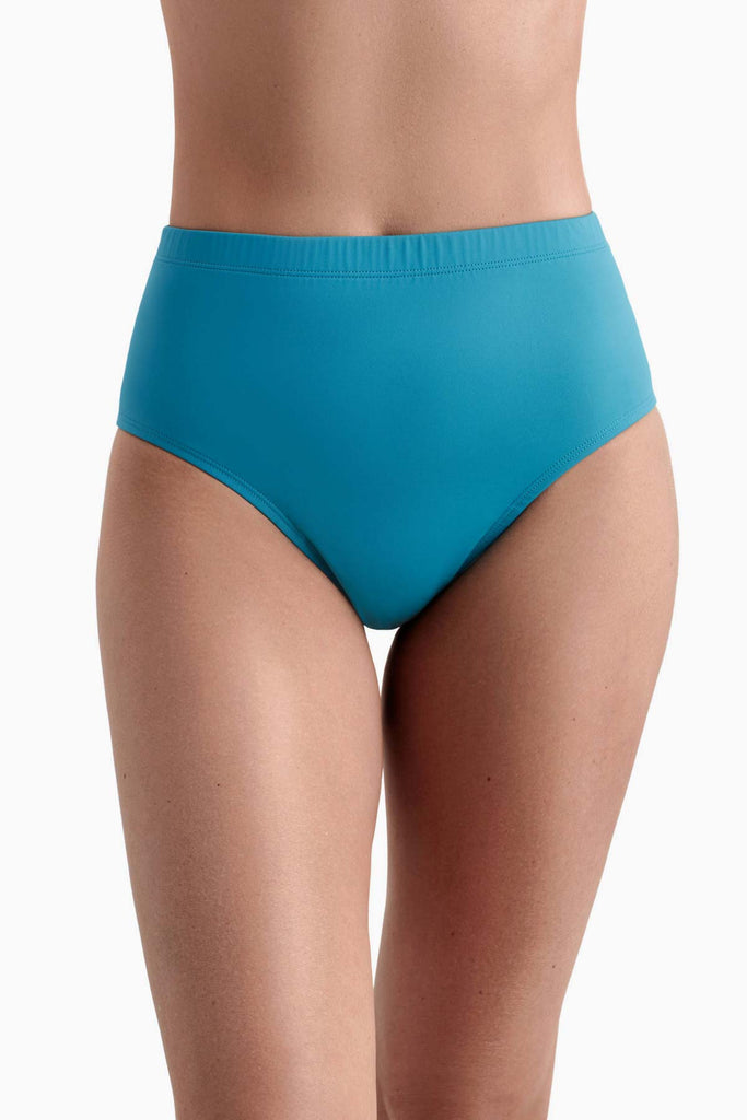 Front view of a turqoise blue basic brief swim bottom