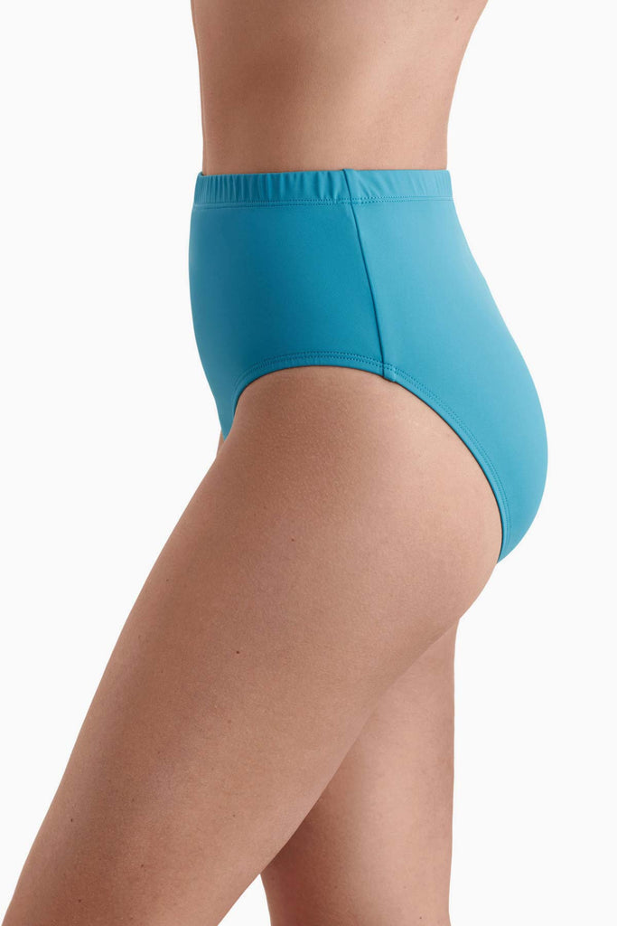 Side view of a turqoise blue basic brief swim bottom