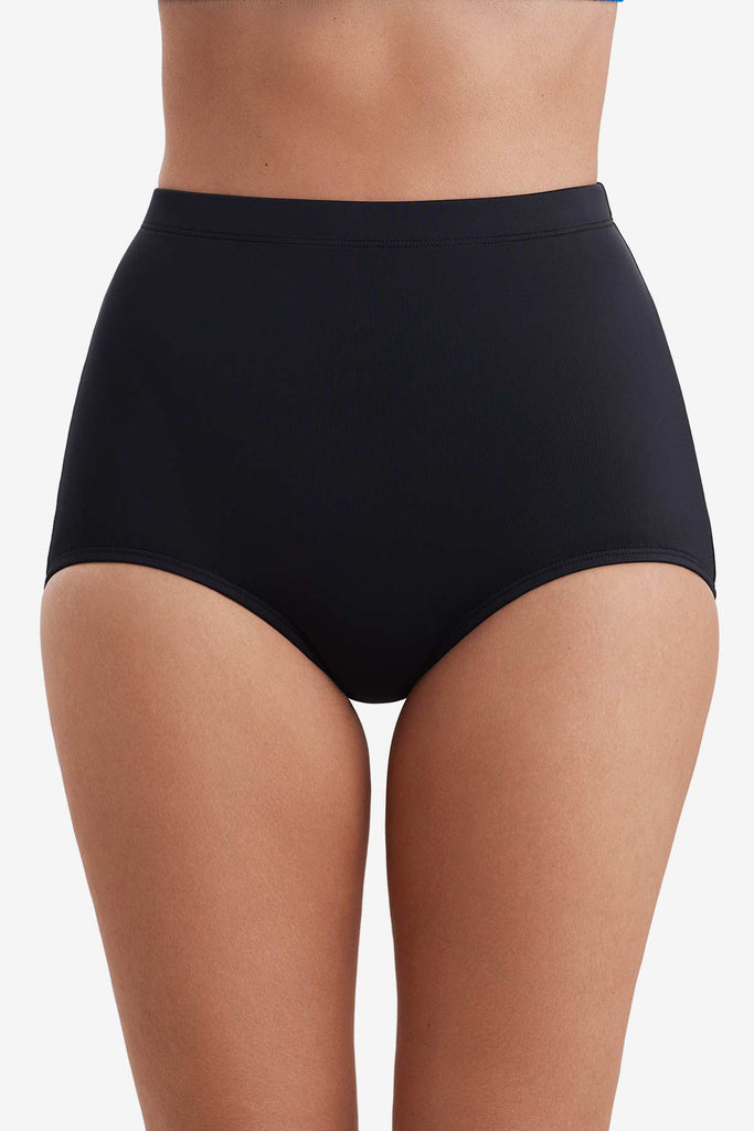 Front view of the girl leg brief swim bottom in black