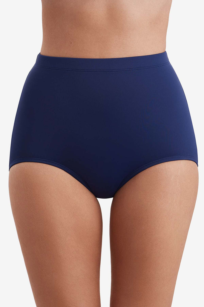 Front view of the girl leg brief swim bottom in navy blue