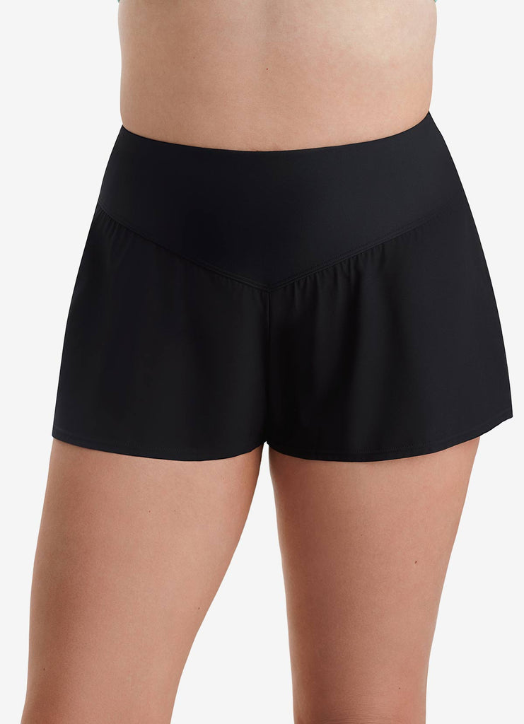 Front view of black swim shorts