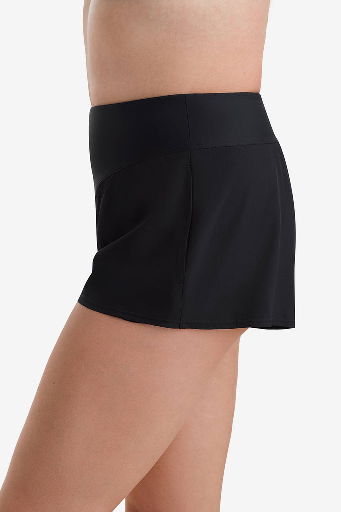 Side view of black swim shorts