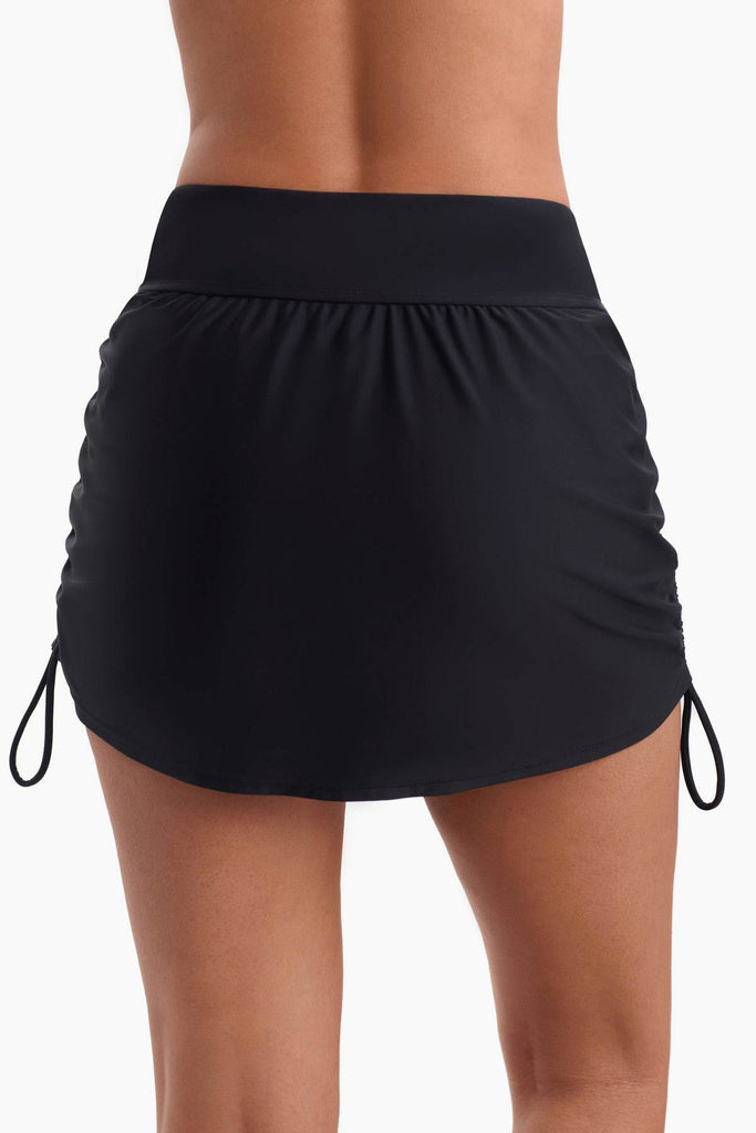 Back view of side shirred swim skirt