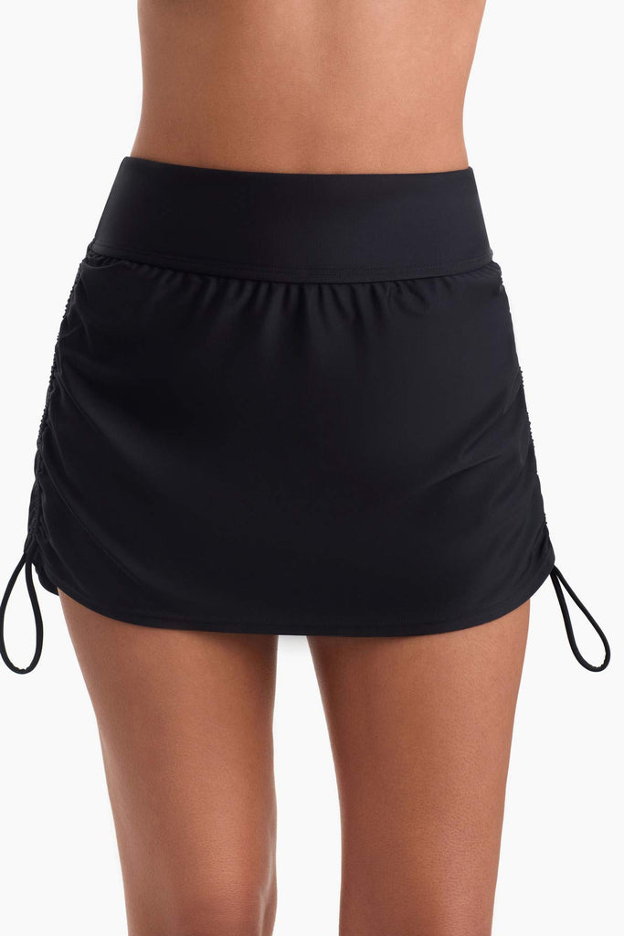 Front view of side shirred swim skirt