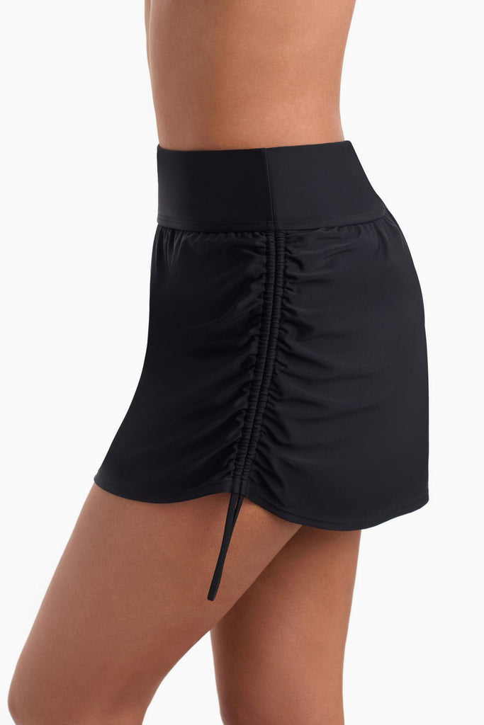 Side view of side shirred swim skirt