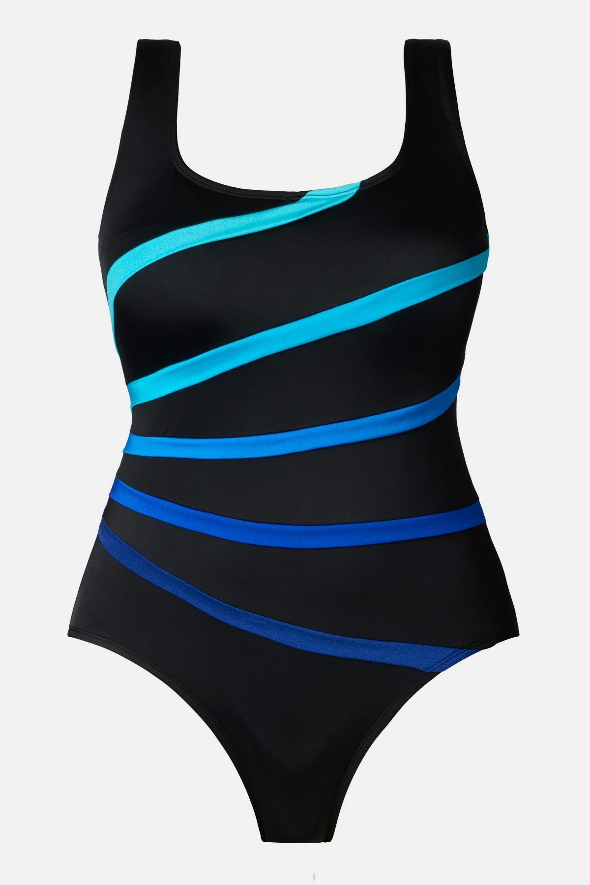 Black swimsuit with gradient blue streaks