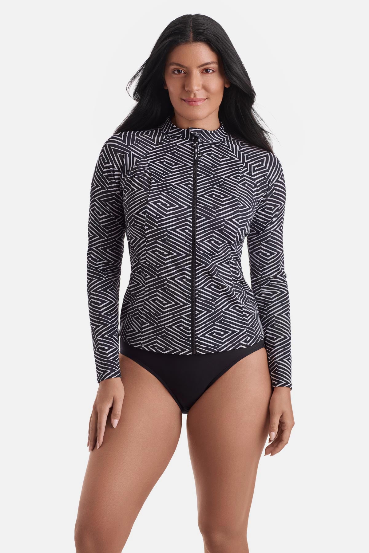 Woman wearing a black and white maze pattern sunshirt
